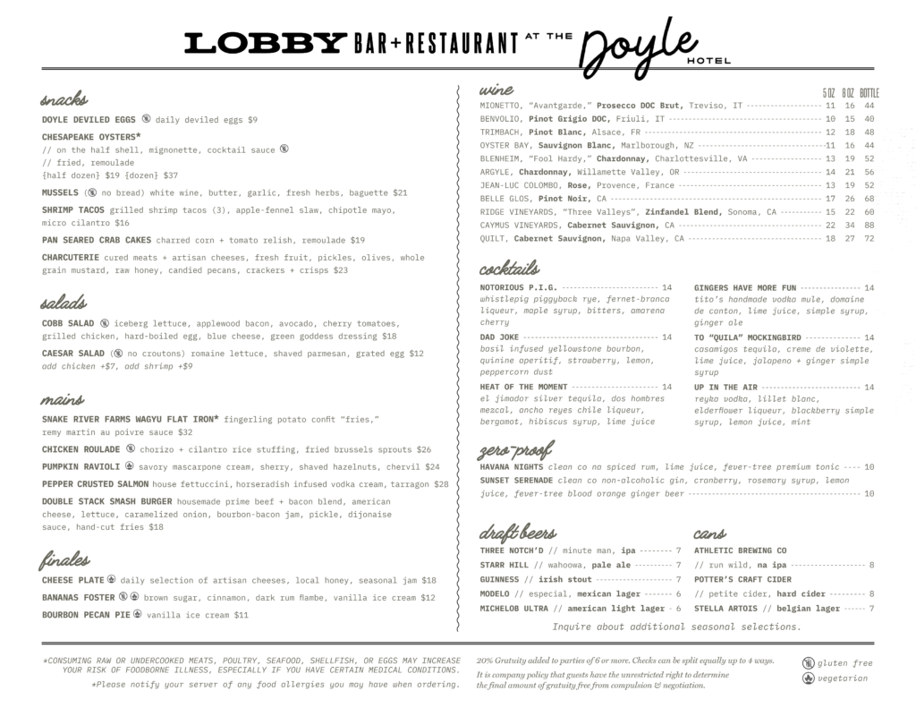 Lobby Bar + Restaurant Fall 2024 Menu