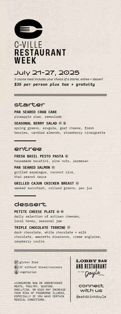 C-Ville Restaurant Week Lobby Menu